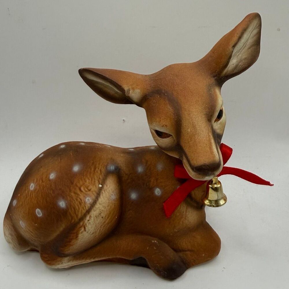 Vintage Porcelain Resting Fawn Baby Deer Figurine Red Bows Gold Bell  5”